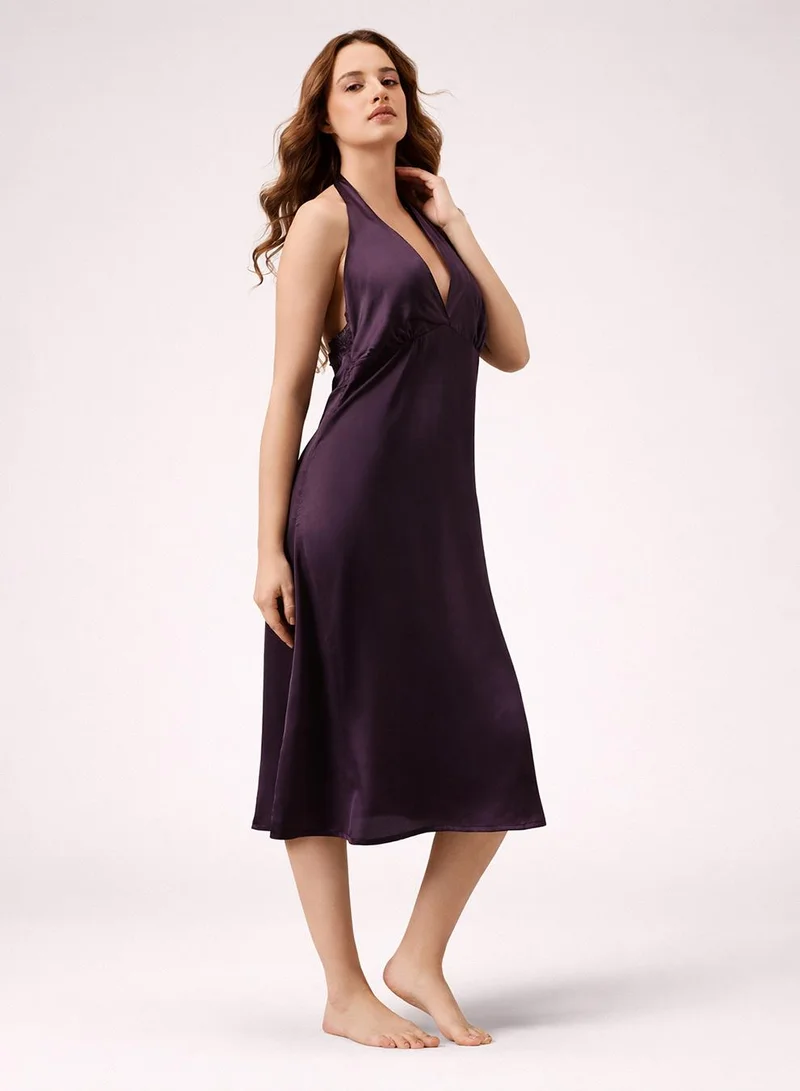 Clovia Purple Long Nighty in Wine Colour - Satin for Women | Best Price UAE